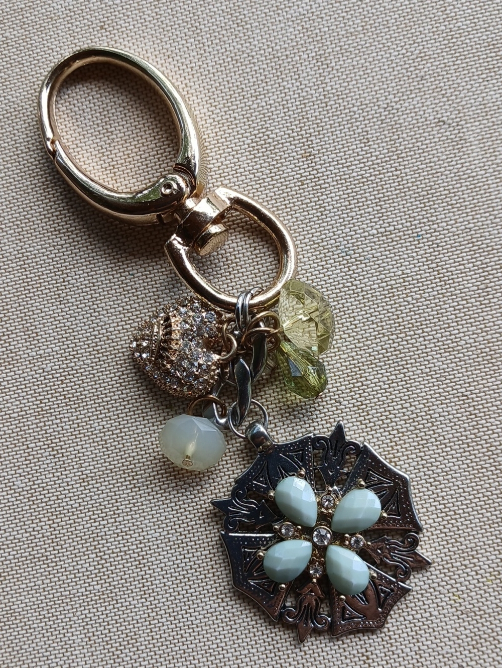 Juicy Couture Gold Silver Tone Medallion and Rhinestones Keychain Purse Charms
